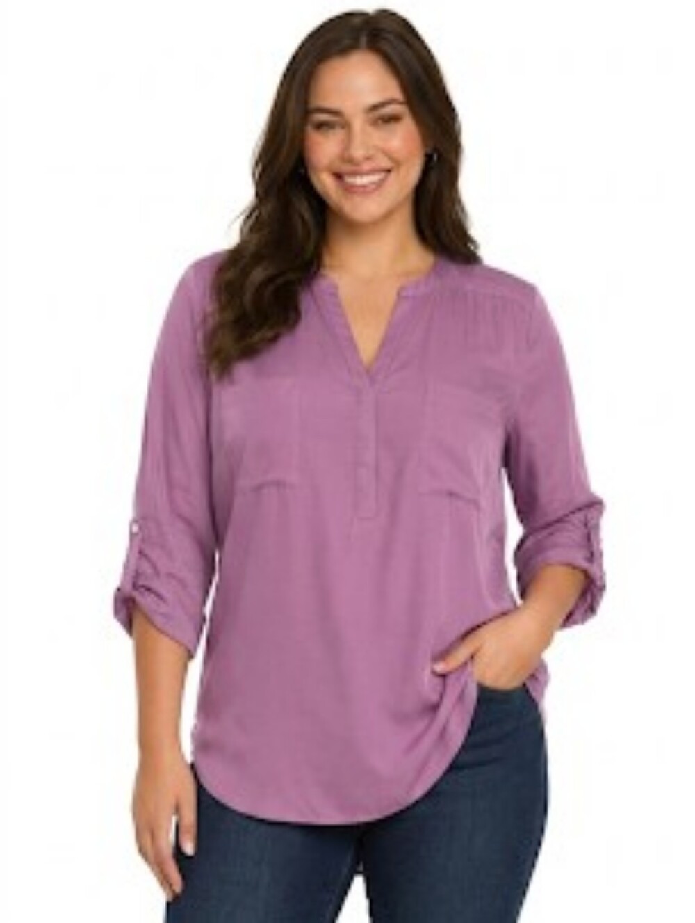 Torrid Foxglove Pink Split V-Neck 3 Button Roll-Tab Blouse Sz 2X